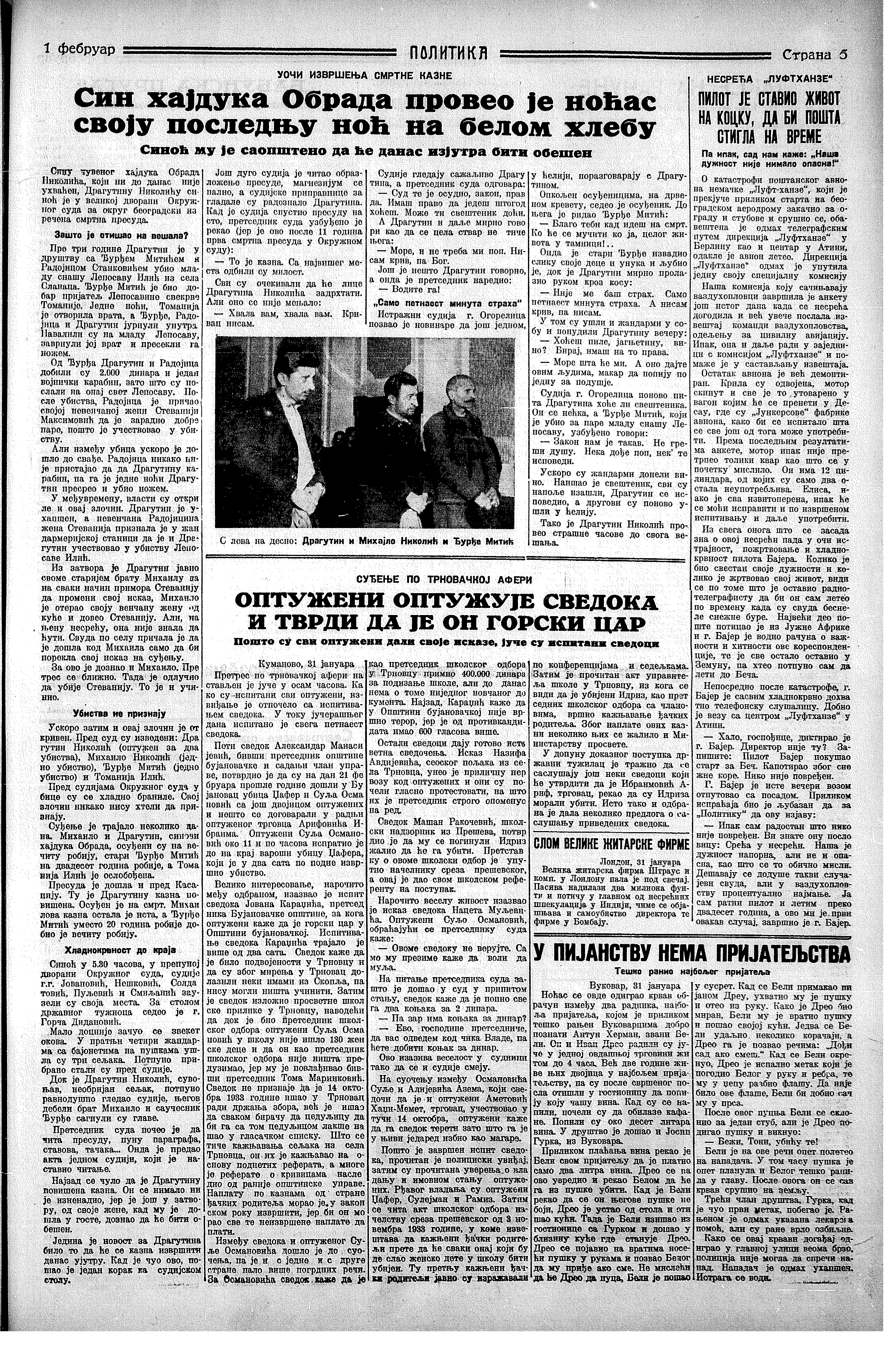 Sin hajduka na belom hlebu, Politika, 01.02.1935.